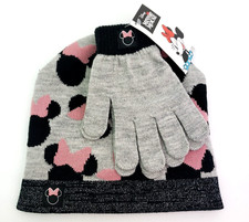 Disney Minnie Mouse Toddler Girls OS Gray Pink Knit Beanie Hat Gloves 2Pc Set