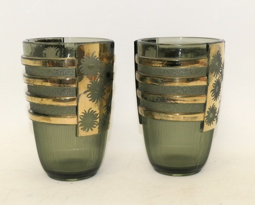 Paar Val St. Lambert Vasen LUXVAL Ch. Graffard "EGMONT" Grün Gold H.18cm Ø 12 cm - Picture 5 of 8