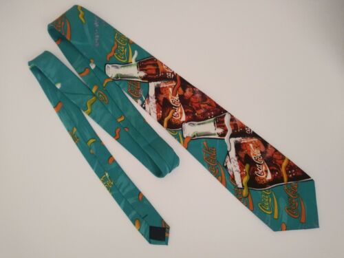 Vintage Coca Cola Silk Tie Mens Necktie Blue Green Red Coke Bottles 80s 90s EUC