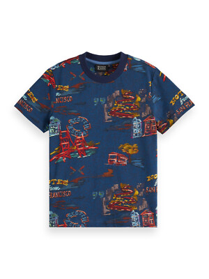 SCOTCH & SODA T-Shirt Dunkelblau mit coolem Allover Artwork Print Relaxed Fit
