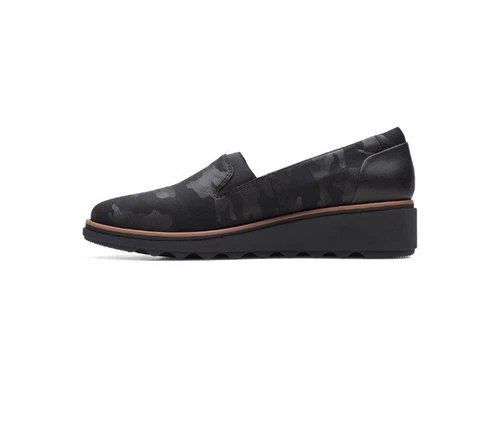 CLARKS SHARON DOLLY FLATS zeppa nera mimetica slip on 10M