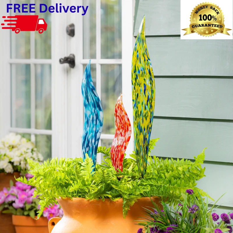 Juego de 3 estacas de jardín de vidrio sopladas a mano estacas de metal coloridas decoración de patio Foto 3 de 4