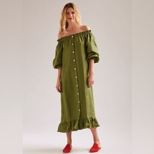 Sleeper Olive Green Brigette Linen Loungewear Midi Dress Ruffle Sleeve Sz Large