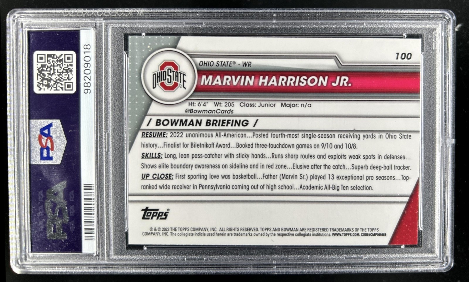 2023 Bowman University Chrome Marvin Harrison Jr. 1st #100 Buckeyes PSA 10 view 2