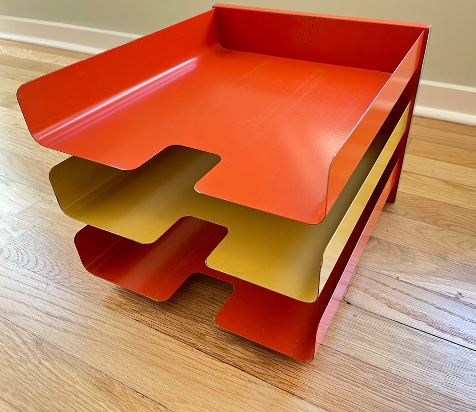 Mosler industrial-chic 3-tier metal letter tray with genuine MCM bones — the kind of desk piece that looks straight out of a 1960s Madison Ave ad agency.