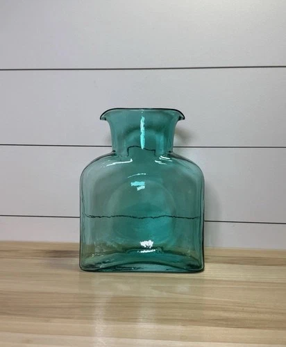 VTG Blenko Glass Pitcher Teal Sea Green 8” Double Spout Water Pitcher Carafe MCM