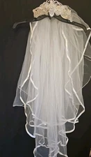 VTG 1980s Wedding Veil 36" Pearl Beaded Crown Tiara Headpiece & Tulle Veil