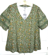 NWT Daniel Rainn Size XL Soft Floral Green Embroidered Sleeves Shirt Womens Top