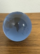 Frosted Blue World Globe Etched Glass Paperweight - 2.9" Earth