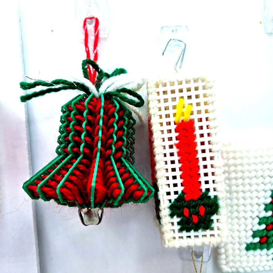 Handcrafted Vintage Christmas Ornaments Set Of 8 Plastic Canvas & Yarn Red Green - Image 3 of 4