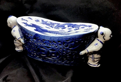 Vintage Chinese Porcelain Blue And White Boy And Girl Headrest Pristine - Picture 2 of 16