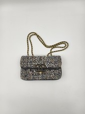 AUTH Chanel Grey Black White Tweed Quilted Flap Handbag Gold Hardware