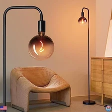 Minimalist Industrial Floor Lamp with LED Bulb, Black Glass, 1800K Warm Light