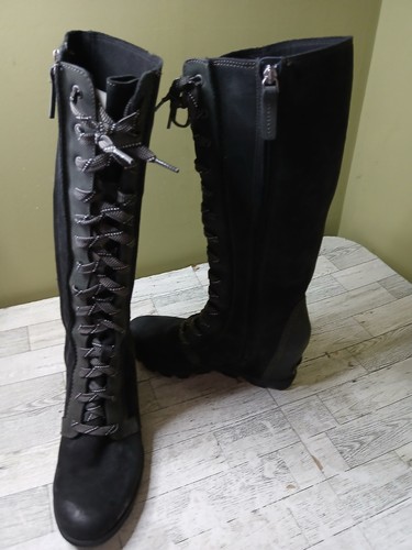Sorel Joan Of Artic Wedge Tall Lace Up Charcoal Suede Black Boots Size 9.5 - Picture 5 of 24