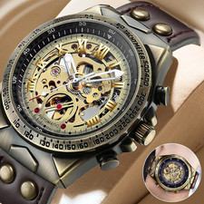 Luxury Men's Automatic Mechanical Wrist Watch Leather Strap Retro Skeleton Dial
