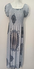 CM Women's Blue/Gray Paisley Smocked Square Neck Flutter Sleeve Maxi Dress M