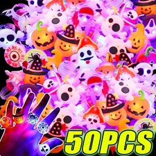 5 - 50PCS Halloween LED Light Up Rings Kids Party Favor Glow Pumpkin Ghost Spide