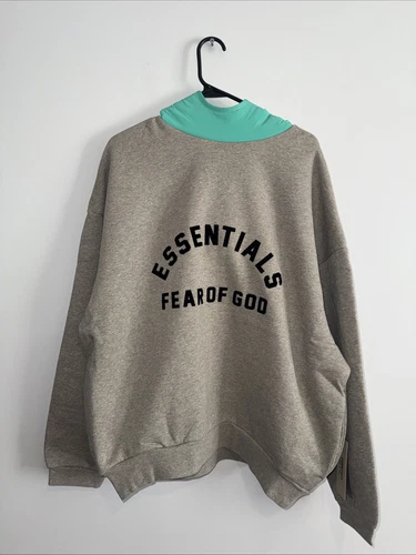 Felpa con cappuccio Fear Of God Essentials in pile nylon nuova con etichette "Dark Heather Oat mint" taglia L