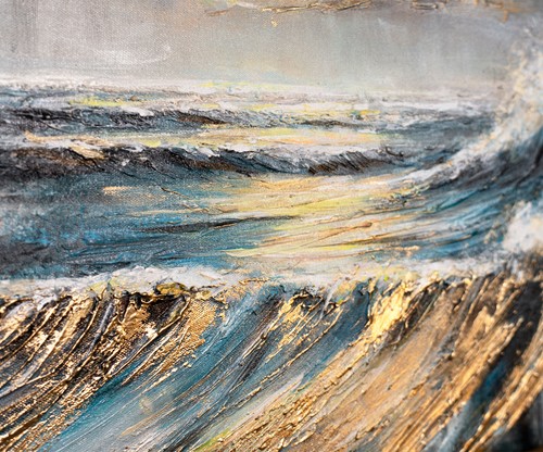 Bild handgemalte 'Shining Waves' Moderne Acrylbilder Meer auf Leinwand 115x50cm - Bild 3 von 10