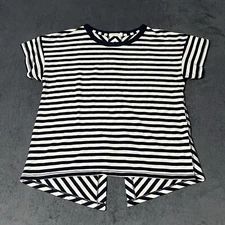 Rag & Bone Top Womens M Kat Striped Stretch Split-Back Crew neck Tee White Navy
