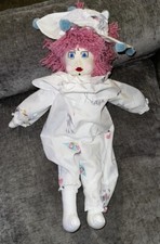White Pastel Clown Plush 80s Cloth Doll Pink Hair Handmade 23 Inch Canvas Face