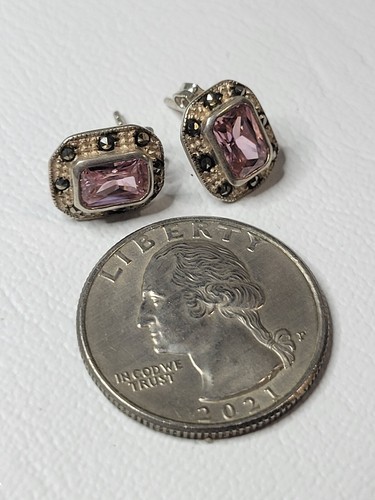 ART DECO STYLE 925 STERLING SILVER EARRING RECTANGLE PINK CZ UNIQUE ELEGANT 2207 - 第 7/7 張圖片