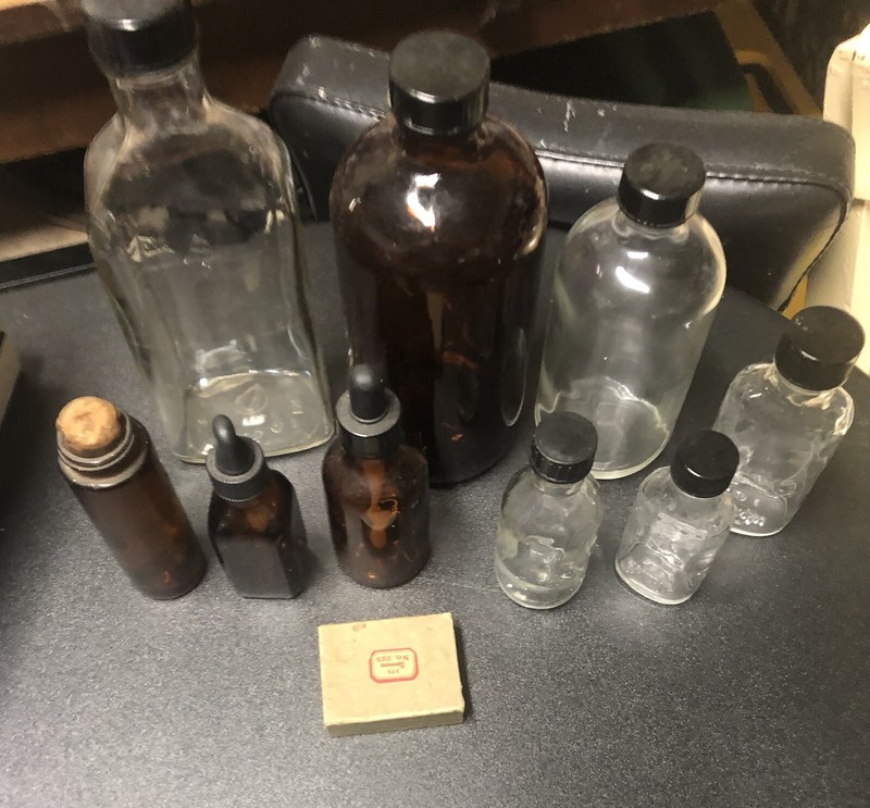 Lot Of 9 Empty Vintage medicine bottles and Box Of Labels Brown/Clear Bottles