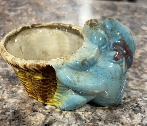 Vintage Ceramic Pink Blue Cat Kitten Blue Basket Planter 1950s - Picture 3 of 7