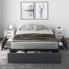 Upholstered Queen Bed Frame with 3 Storage Drawers, No Headboard Design, Grey