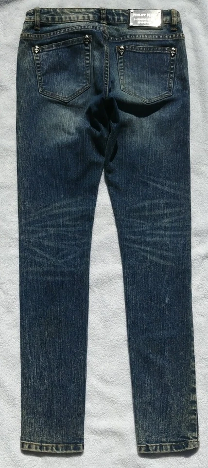 Pantalones de mezclilla para mujer PHILIPP PLEIN ajustados rectos azul novio etiqueta envejecida 26 (28x30 Foto 2 de 4