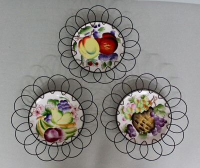 Vintage Hand Painted Ceramic Dishes in Wire Frames 1950s Set of 3