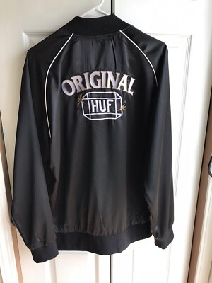 NWOT $150 Men s Huf Original Black Satin Bomber Jacket Full Zip Long Sleeve XL