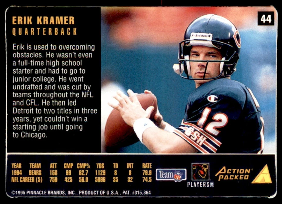 1995 Action Packed Rookies & Stars Erik Kramer Chicago Bears #44 - Image 2 of 2