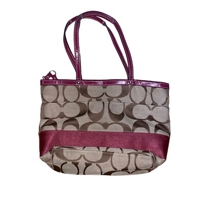 Coach Signature Stripe Shoulder Handbag Purse Brown Burgundy H1276