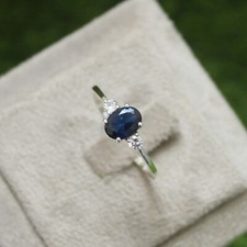 Lab Created Oval Blue Sapphire Ring Sterling Silver Gemstone Engagement Promise