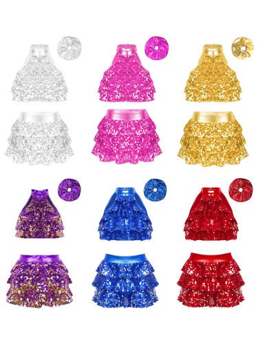 Girls Dancewear With Hair Band Outfits Metallic Set Ruffle Shorts Mock Neck - Picture 2 of 65
