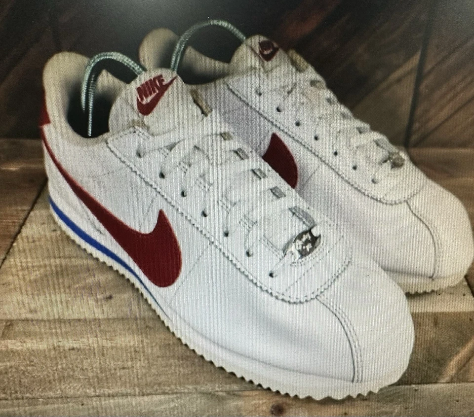Nike Clásico Cortez Hombres Talla 7 Zapatos Forrest Gump Cuero Blanco Rojo Azul Foto 3 de 4