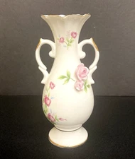Vtg Towle Bud Vase Fine Bone China Handled White Pink Flowers Scalloped Gold 5"