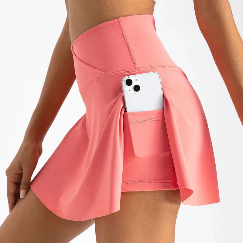 Pleated Tennis Skirt with Pockets Shorts Athletic Skirts Crossover High Waisted