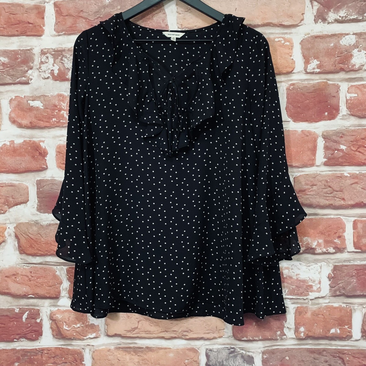 Max Studio Top Womens XS Oversized Black White Polka Dot Ruffle Pullover  Blouse | eBay