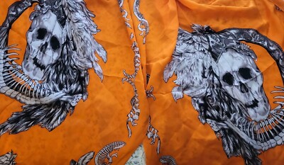 Alexander McQueen Skull Bone Feathers Silk Scarf Orange Black Minor Stains Shawl