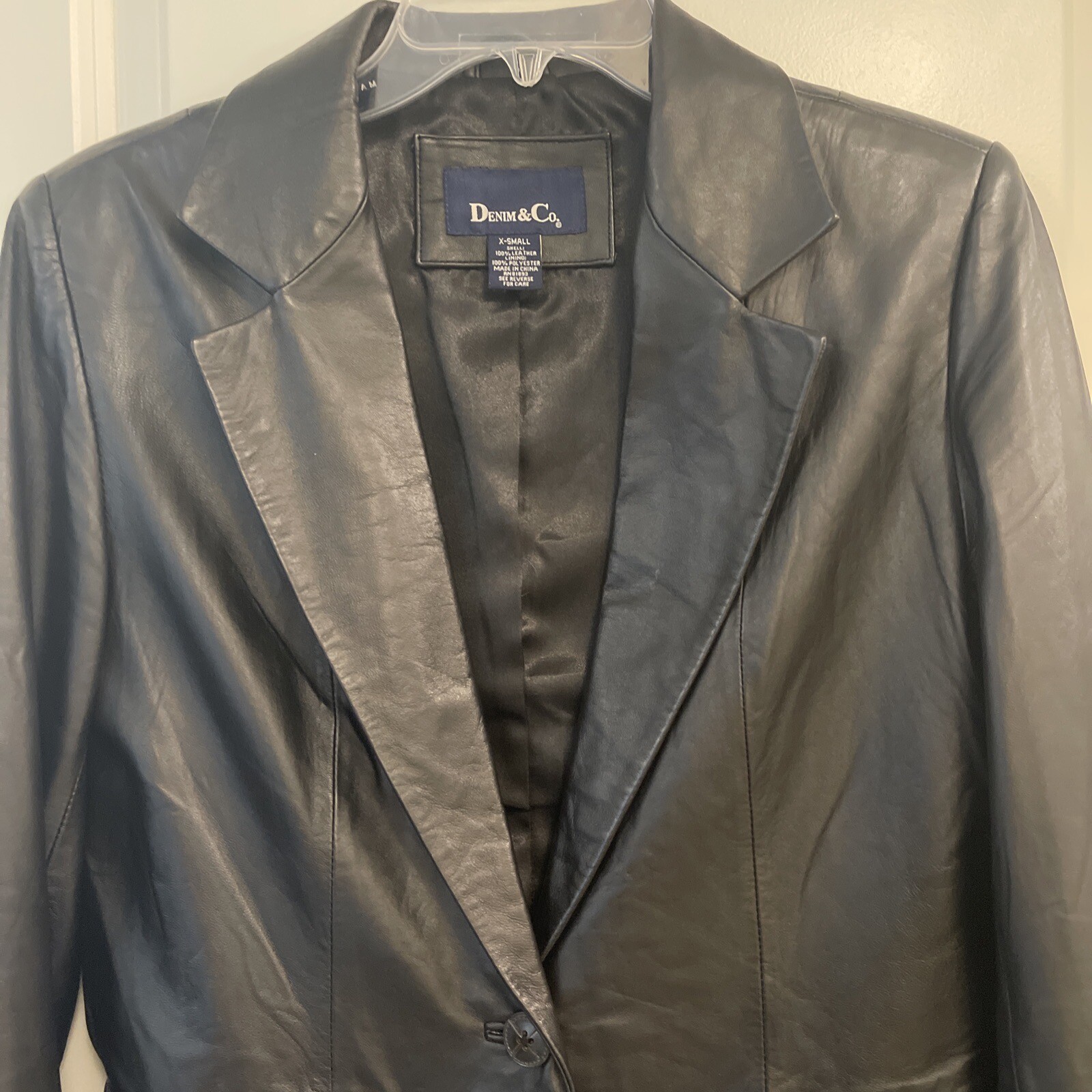 Denim & Co. Size XS BLACK Leather One Button Fully Lined Blazer 