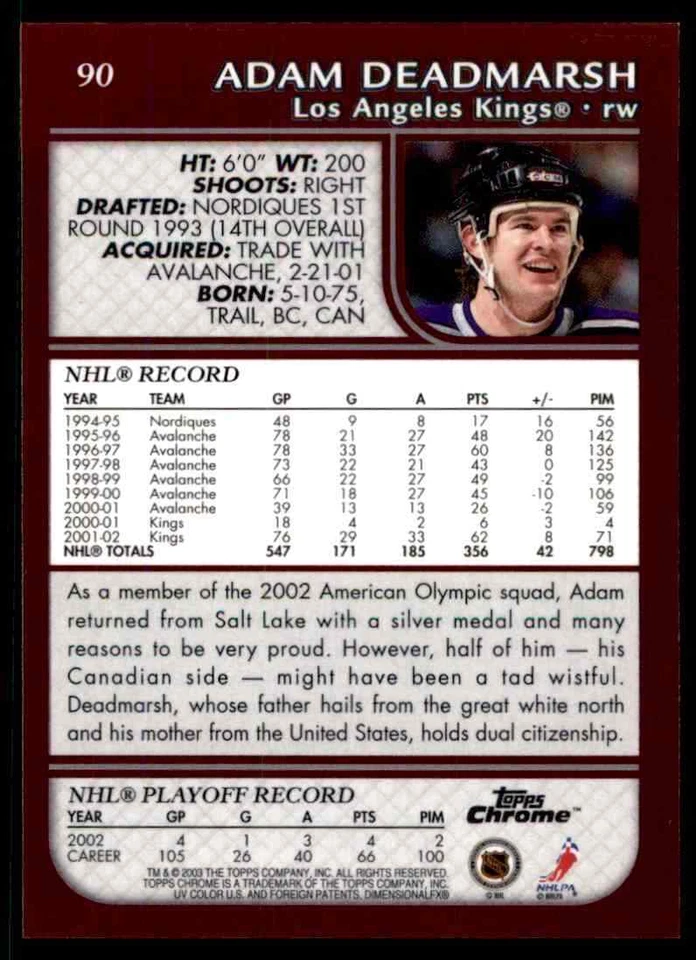 2002-03 Topps Chrome Adam Deadmarsh #90 - Image 2 of 2