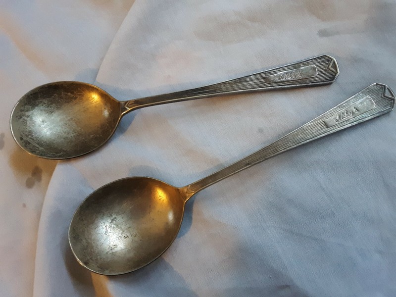 VINTAGE ART DECO COFFEE SHOP DINER LUNCH COUNTER 2 SOUP SPOON LOT 1930'S NICKY'S