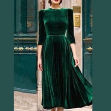 Emerald Green Velvet Midi Dress Fit and Flare Wedding Bridesmaid Evening Gown
