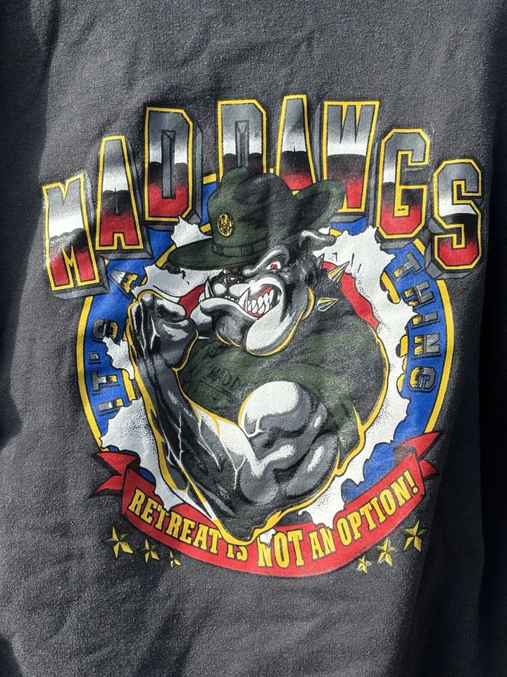 Sudadera con Capucha Vintage Mad Dawgs Hanes ComfortBlend L Negra Militar Gráfico Bulldog Años 90 Foto 2 de 4