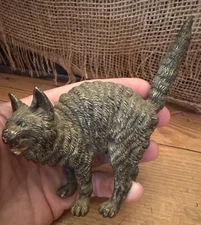 Antique Austrian Vienna Cold Painted Bronze Figurine Scared Arched Back Cat