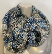 Woven Blue White Gray Infinity Scarf Rising Tide Recycled Acrylic 11" x 70"