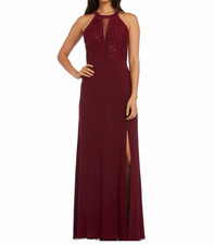 Nightway Size 10 Merlot Red High Neck Sequin Lace Maxi Dress Hoco Event Gown
