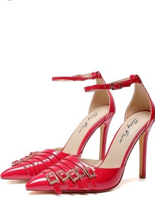 Sexy Pam Red Patent Leather Pointed Toe Ankle Strap Buckle Stiletto Pumps